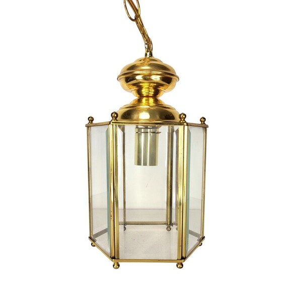 Vintage Brass & Glass Hexagon Regency Pendant Entryway Hanging Light Fixture - Picture 4 of 9